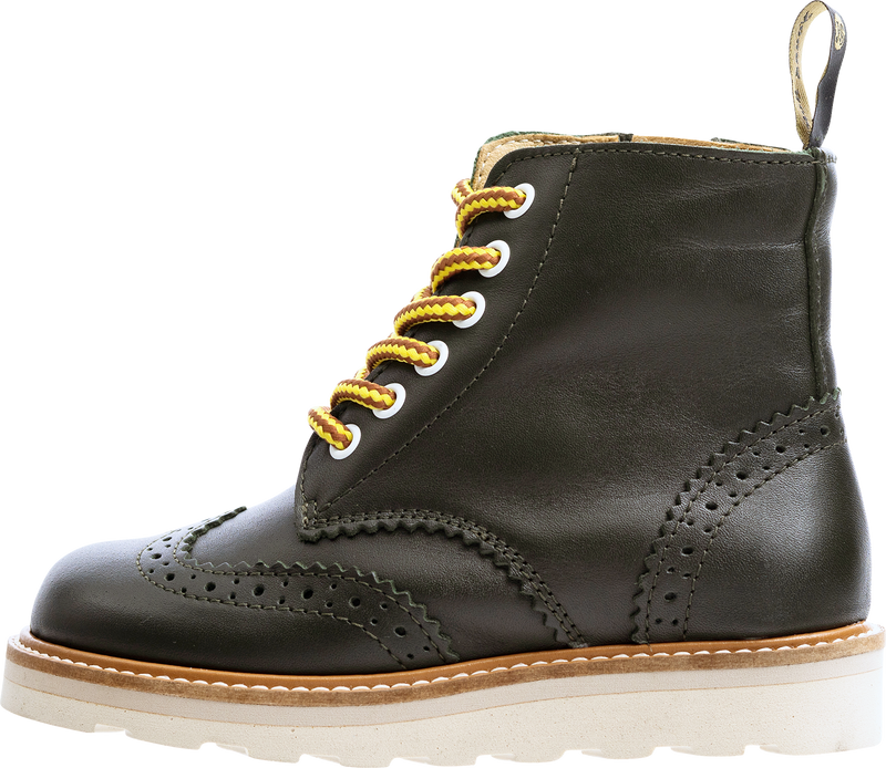 Green leather Sidney boot with yellow laces on a white background