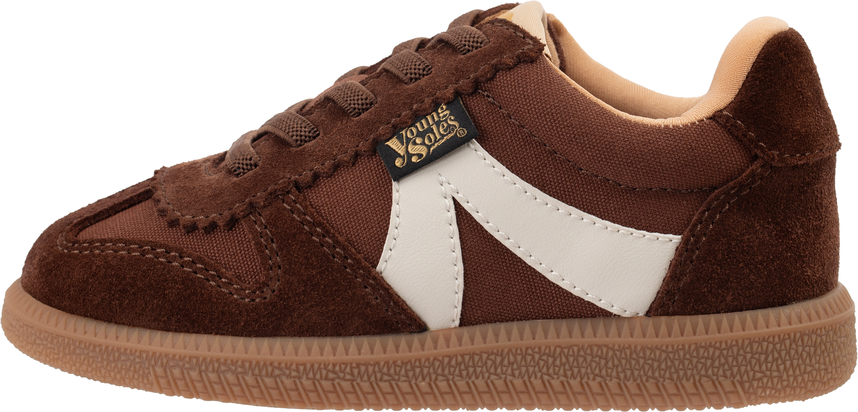 Brooking brown sneaker with a white logo on a white background