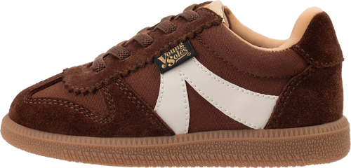 Brooking brown sneaker with a white logo on a white background