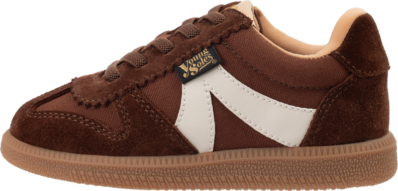 Brooking brown sneaker with a white logo on a white background