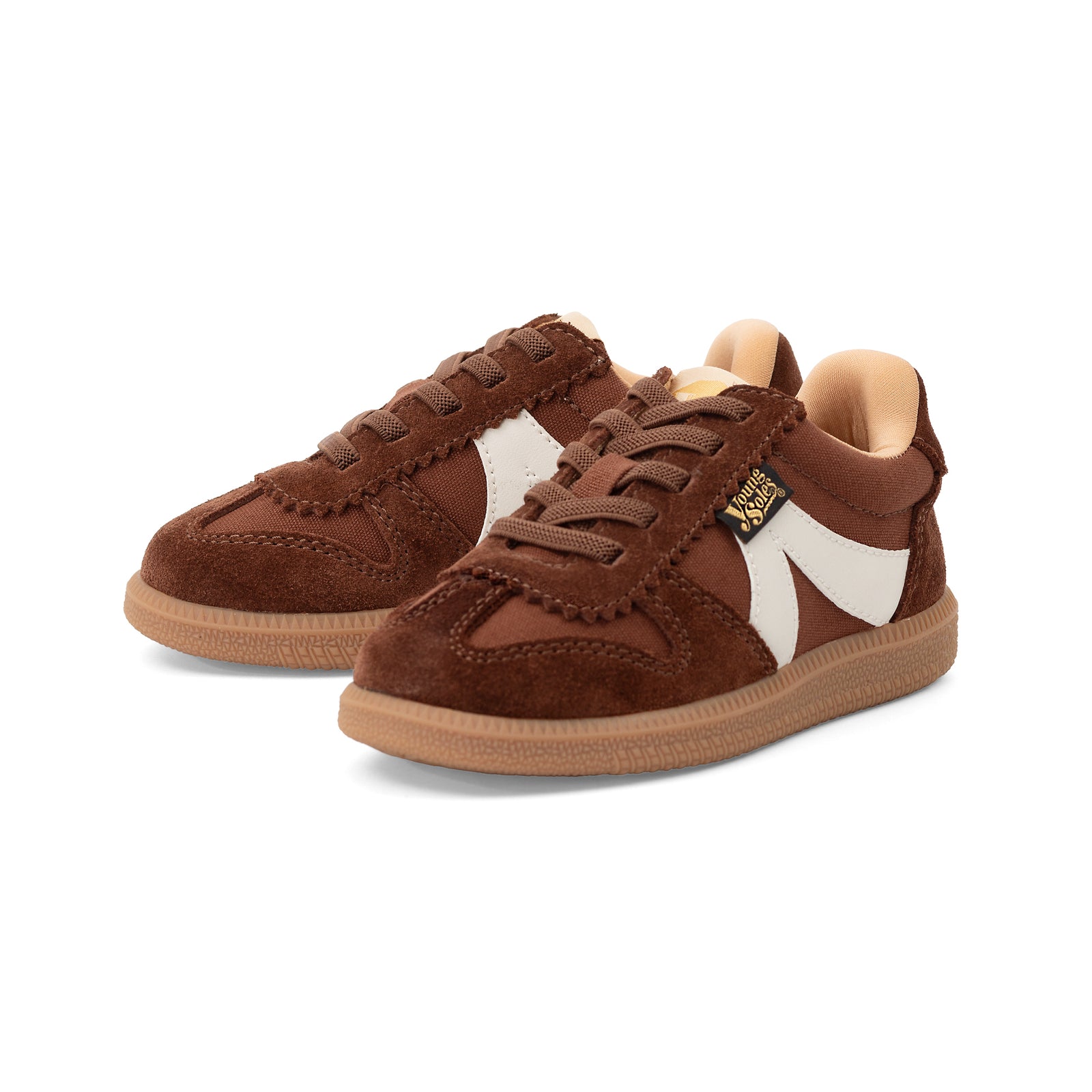 Brooking brown children's sneakers with white accents on a white background