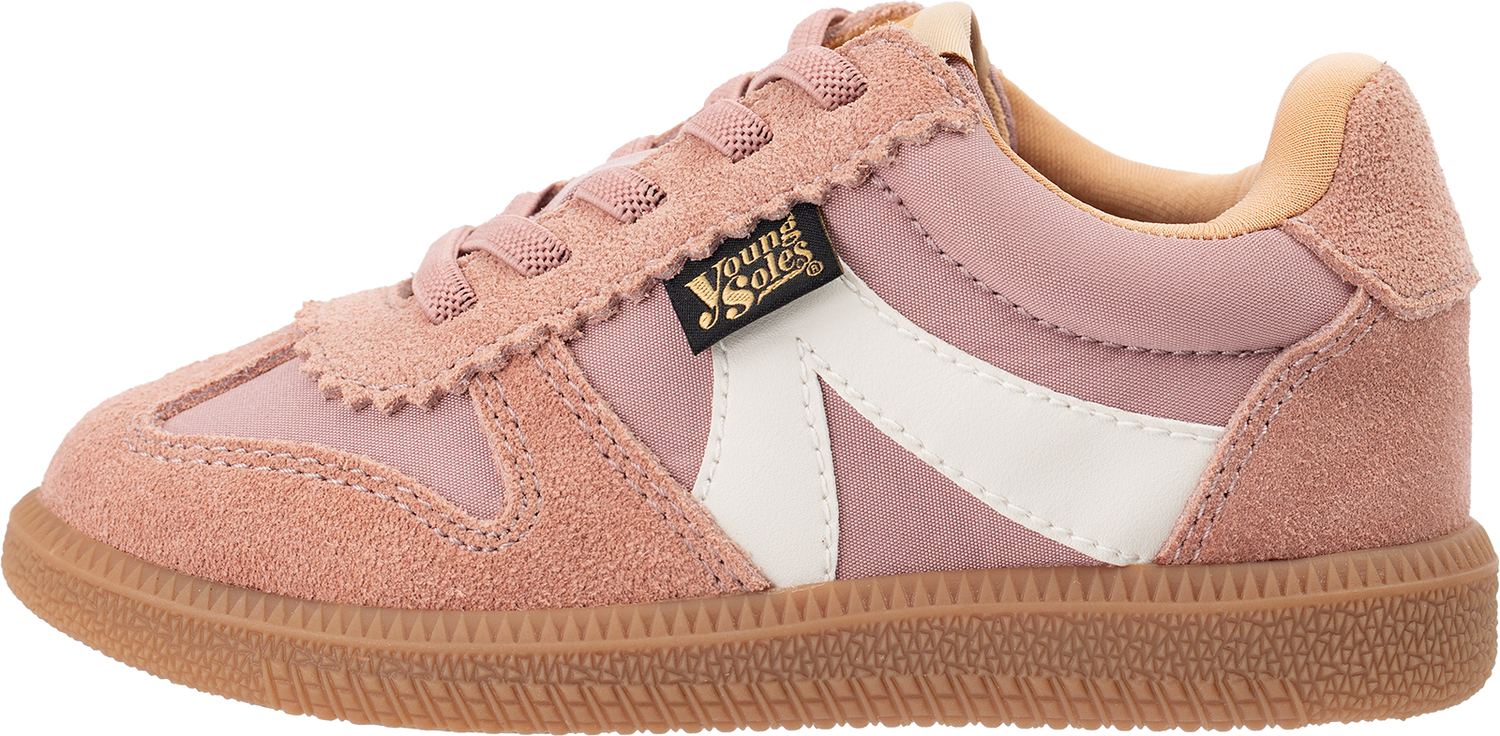 Brooking pink children's sneaker with white accents on a white background