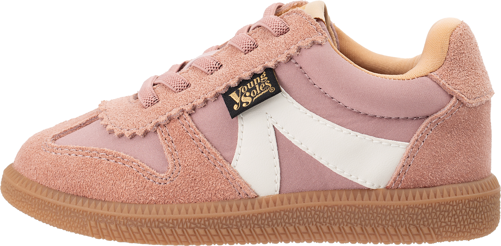 Brooking pink children's sneaker with white accents on a white background