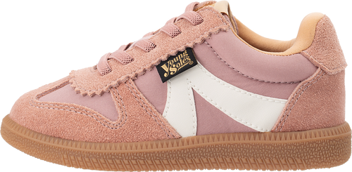 Brooking pink children's sneaker with white accents on a white background