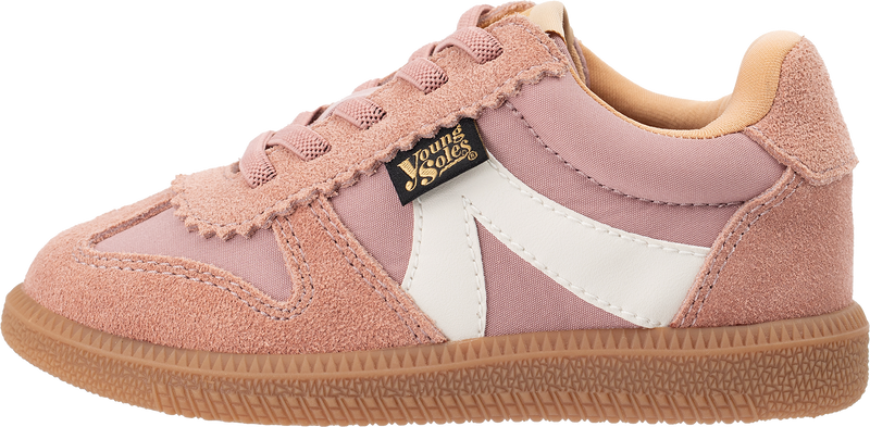 Brooking pink children's sneaker with white accents on a white background