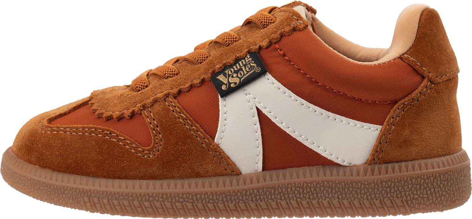 Brooking orange children's sneaker with white design on a white background