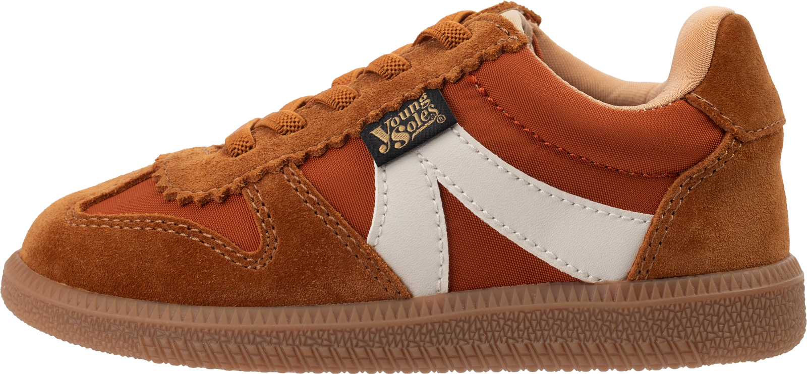 Brooking orange children's sneaker with white design on a white background