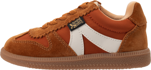 Brooking orange children's sneaker with white design on a white background