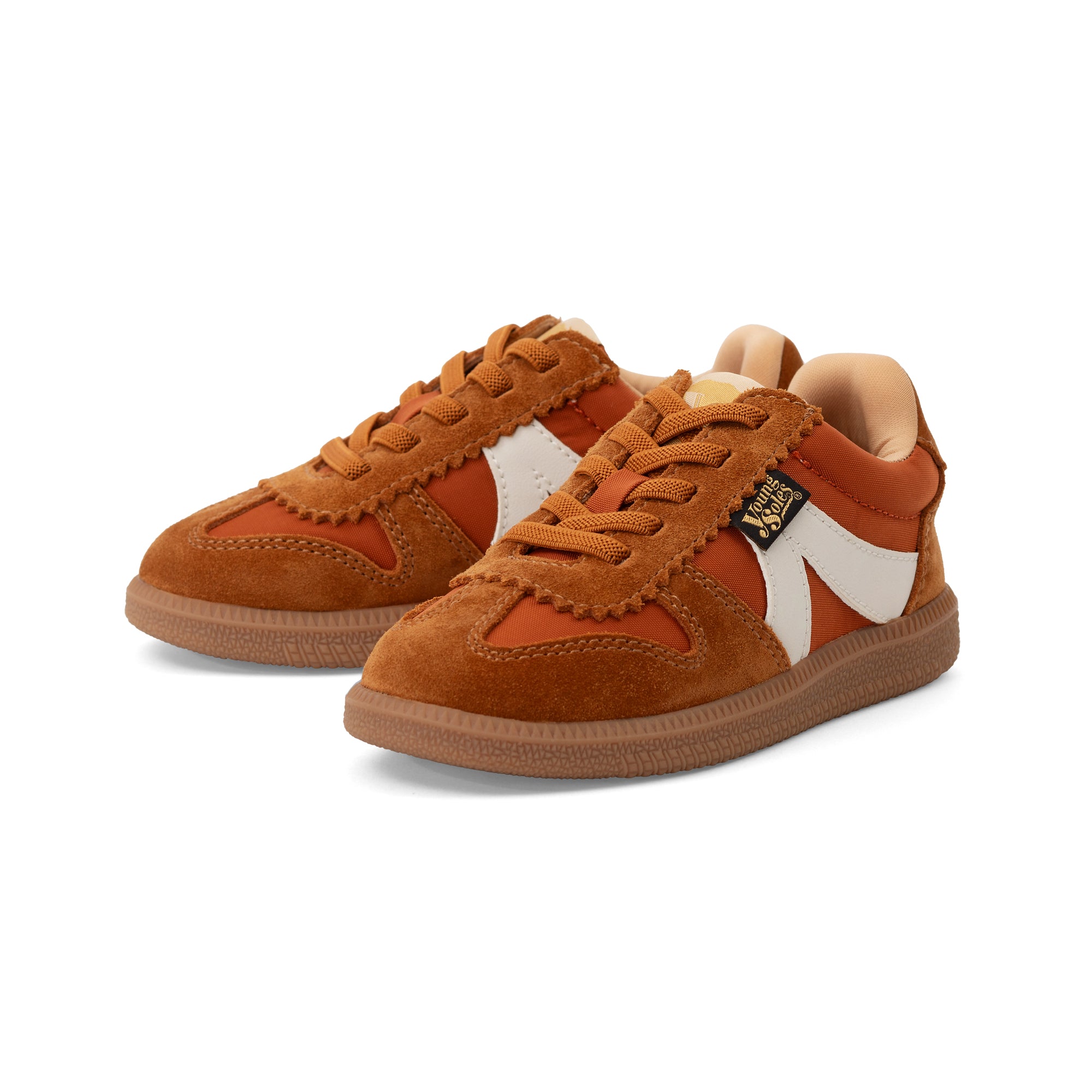 Pair of Brooking orange sneakers with a white design on a white background