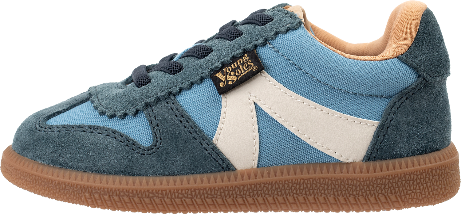 Brooking blue children's sneaker with white accents on a white background
