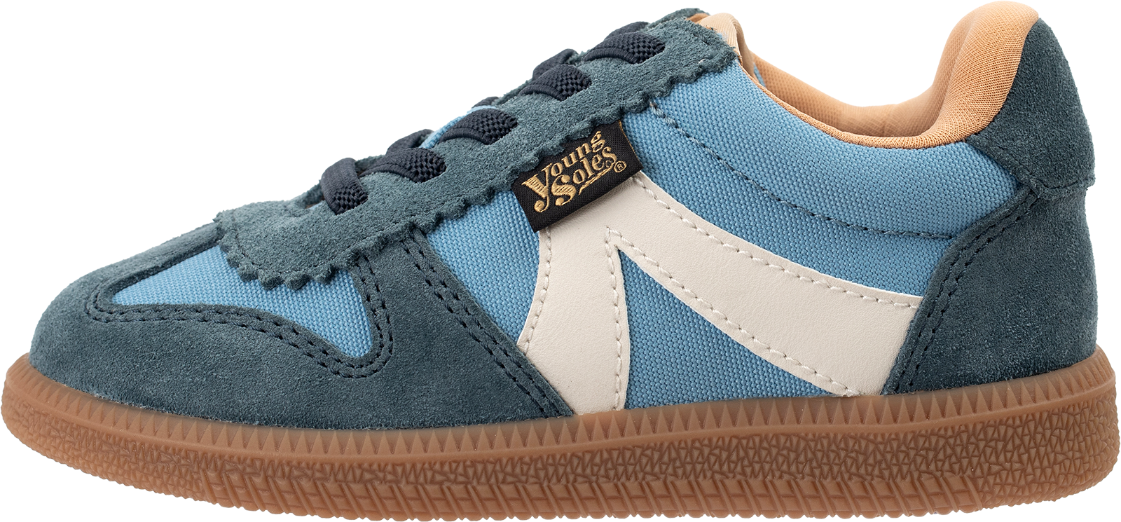 Brooking blue children's sneaker with white accents on a white background