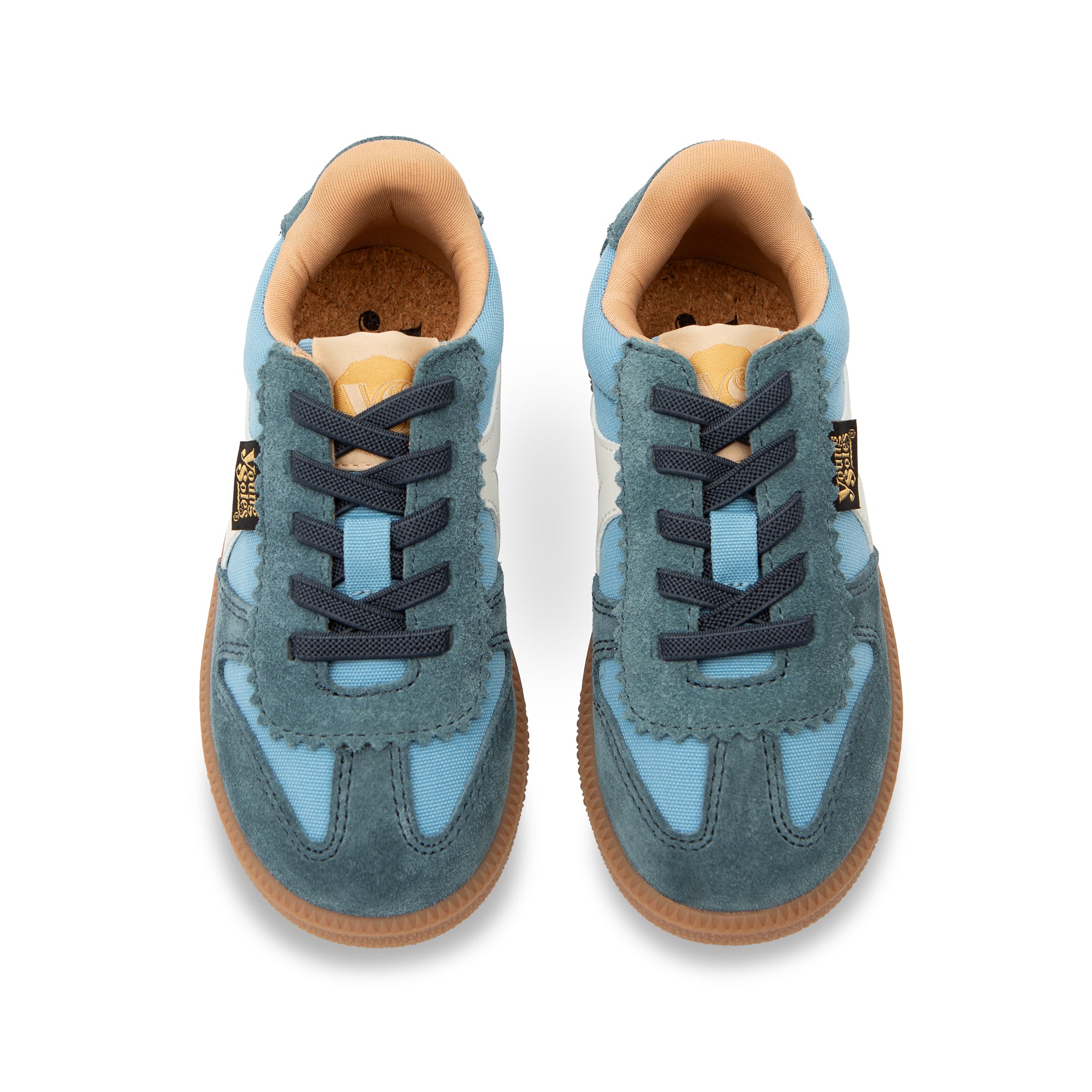 Pair of Brooking blue children's sneakers with brown soles on a white background