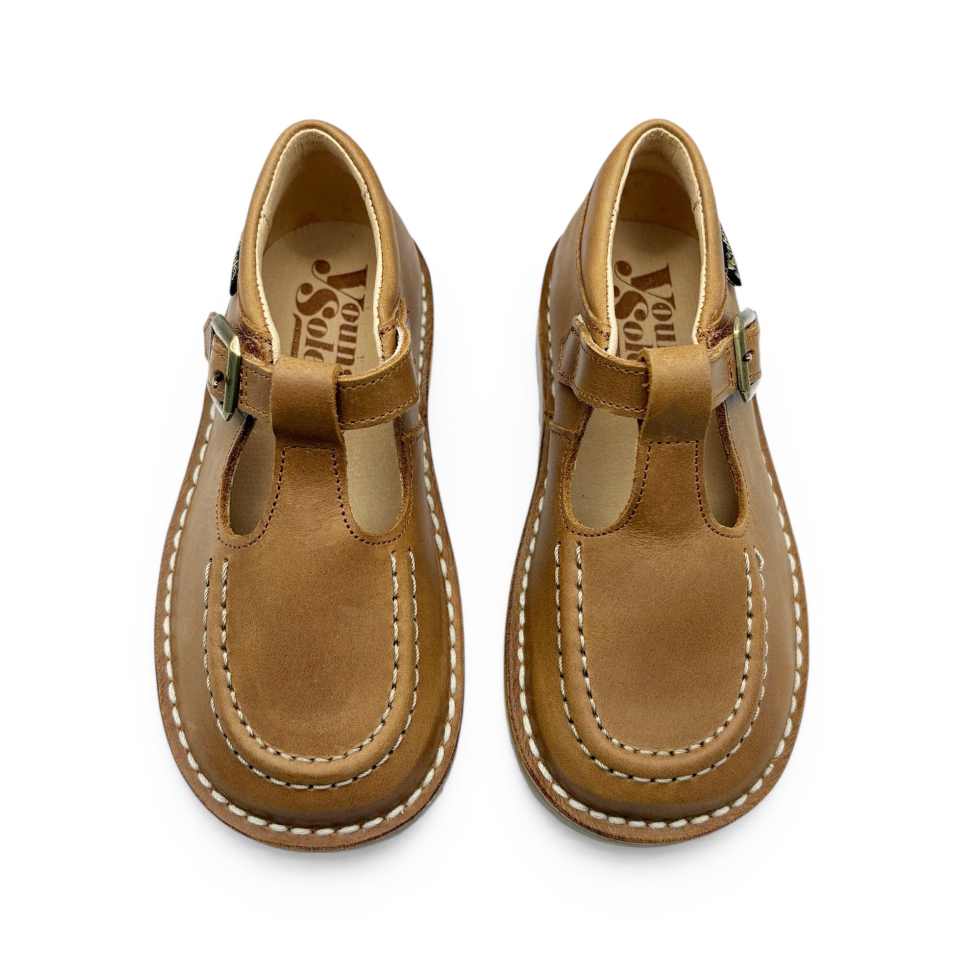 Parker T-Bar Kinderschuh Hellbraunes poliertes Leder