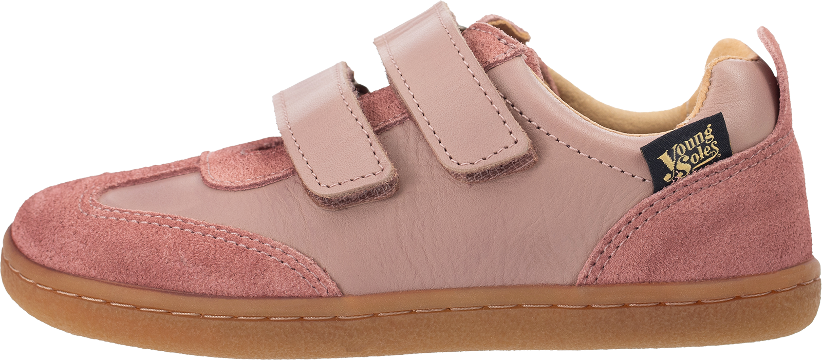 Pink Pele children's barefoot shoe with velcro straps on a white background
