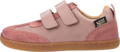 Pink Pele children's barefoot shoe with velcro straps on a white background