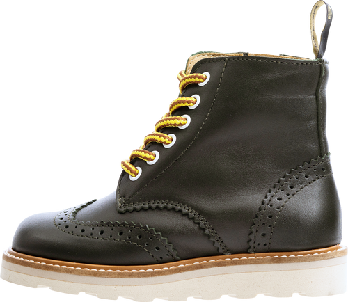 Green leather Sidney boot with yellow laces on a white background