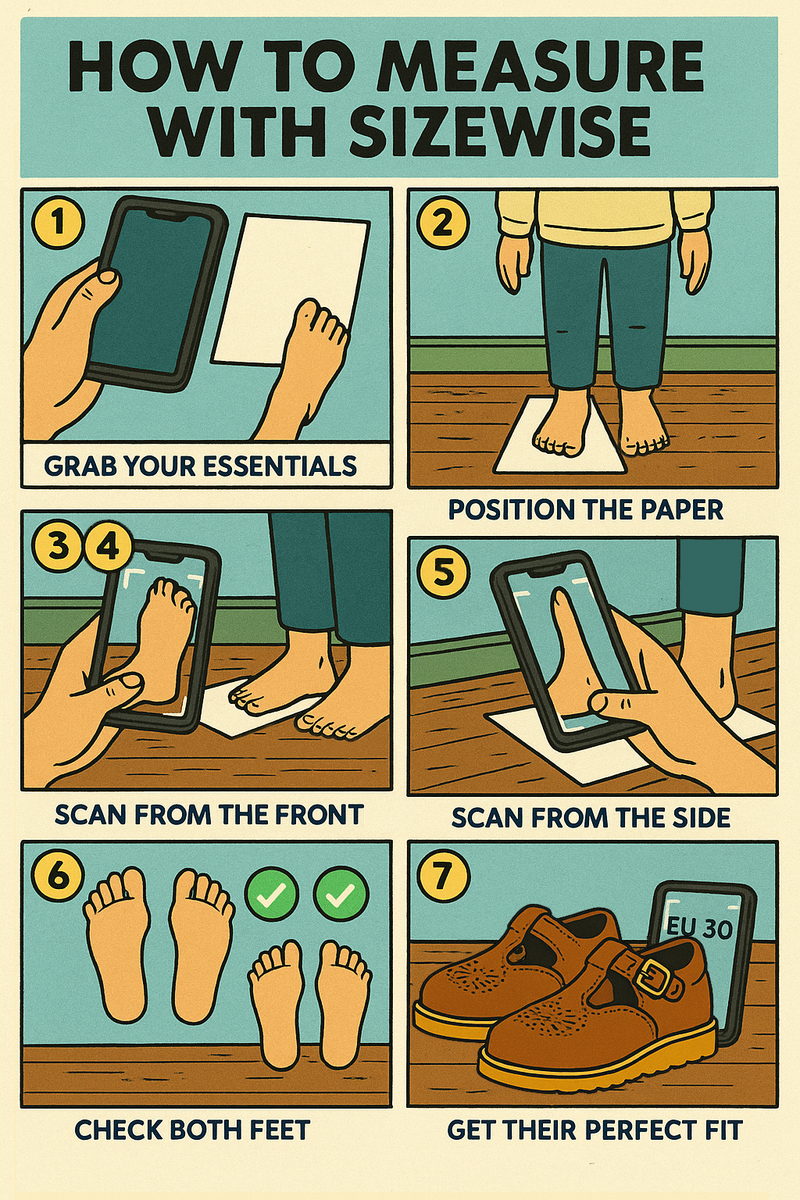 Step-by-step guide on how to measure feet using a smartphone app with illustrations.