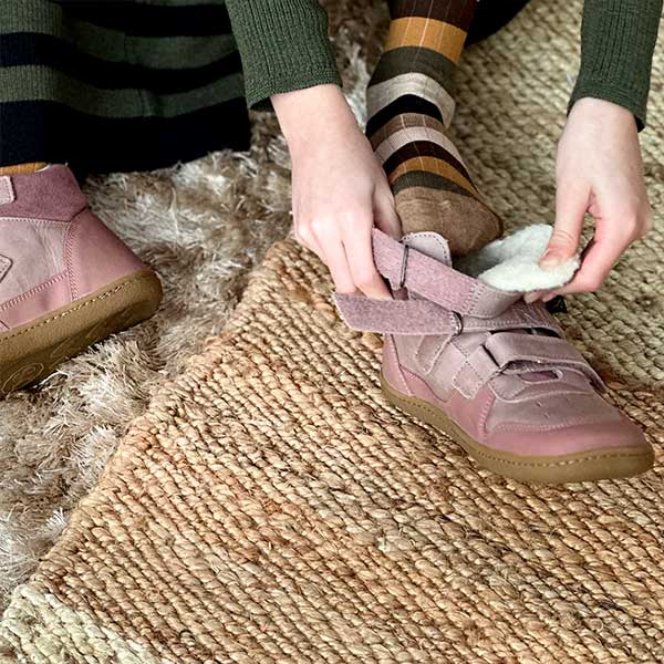 Wilf Kids Velcro Wool Lined Boot Rose Leather Young Soles London