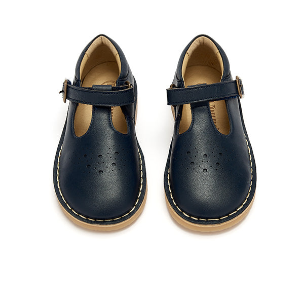Penny Vegan T Bar Kids Shoe Navy Synthetic Leather Young Soles London