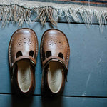 Penny Velcro T-Bar Kids Shoe Tan Burnished Leather